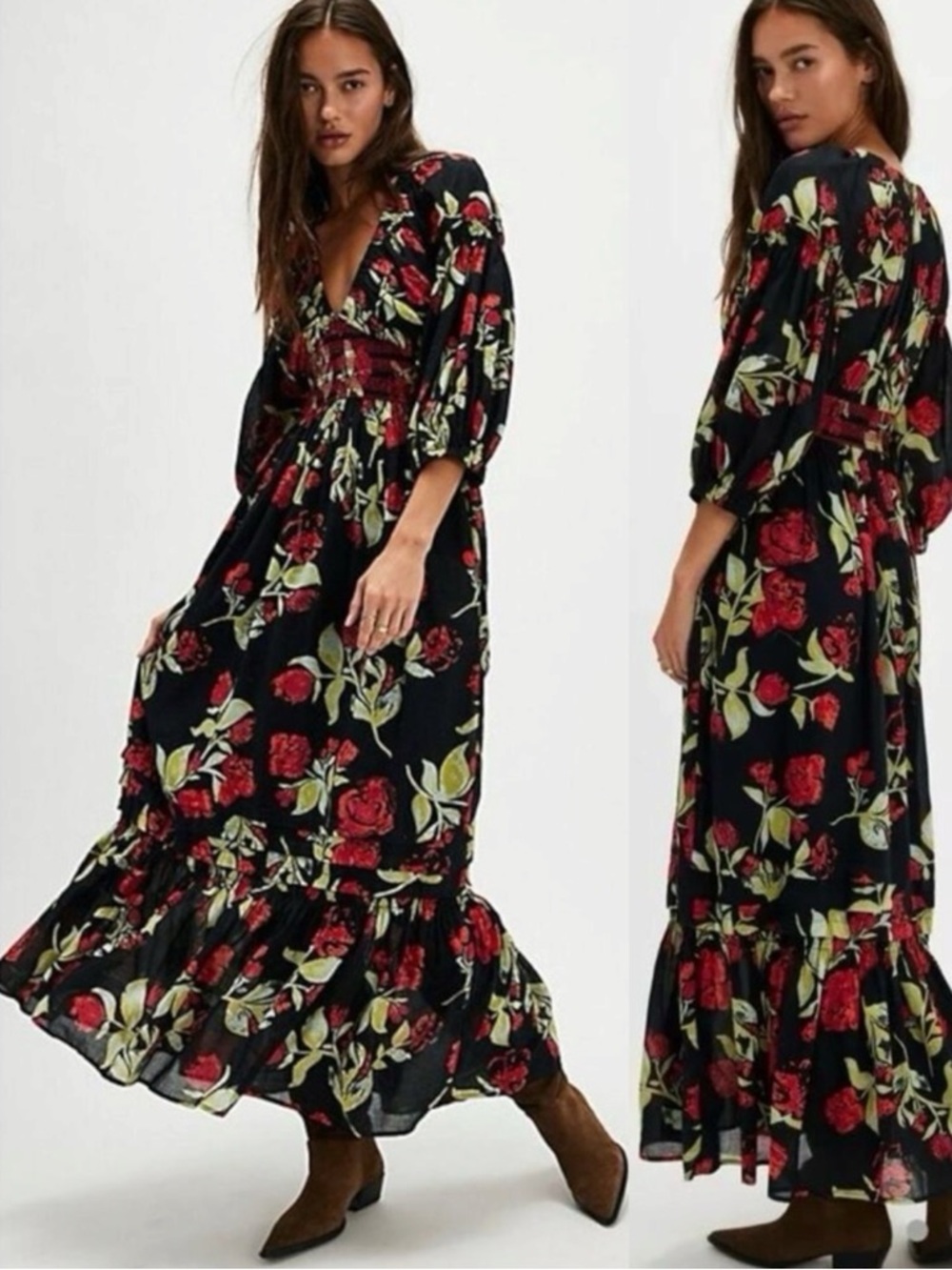 Free People Bohemian Floral Golden Hour Maxi Dress in Midnight Combo Size XS NWT